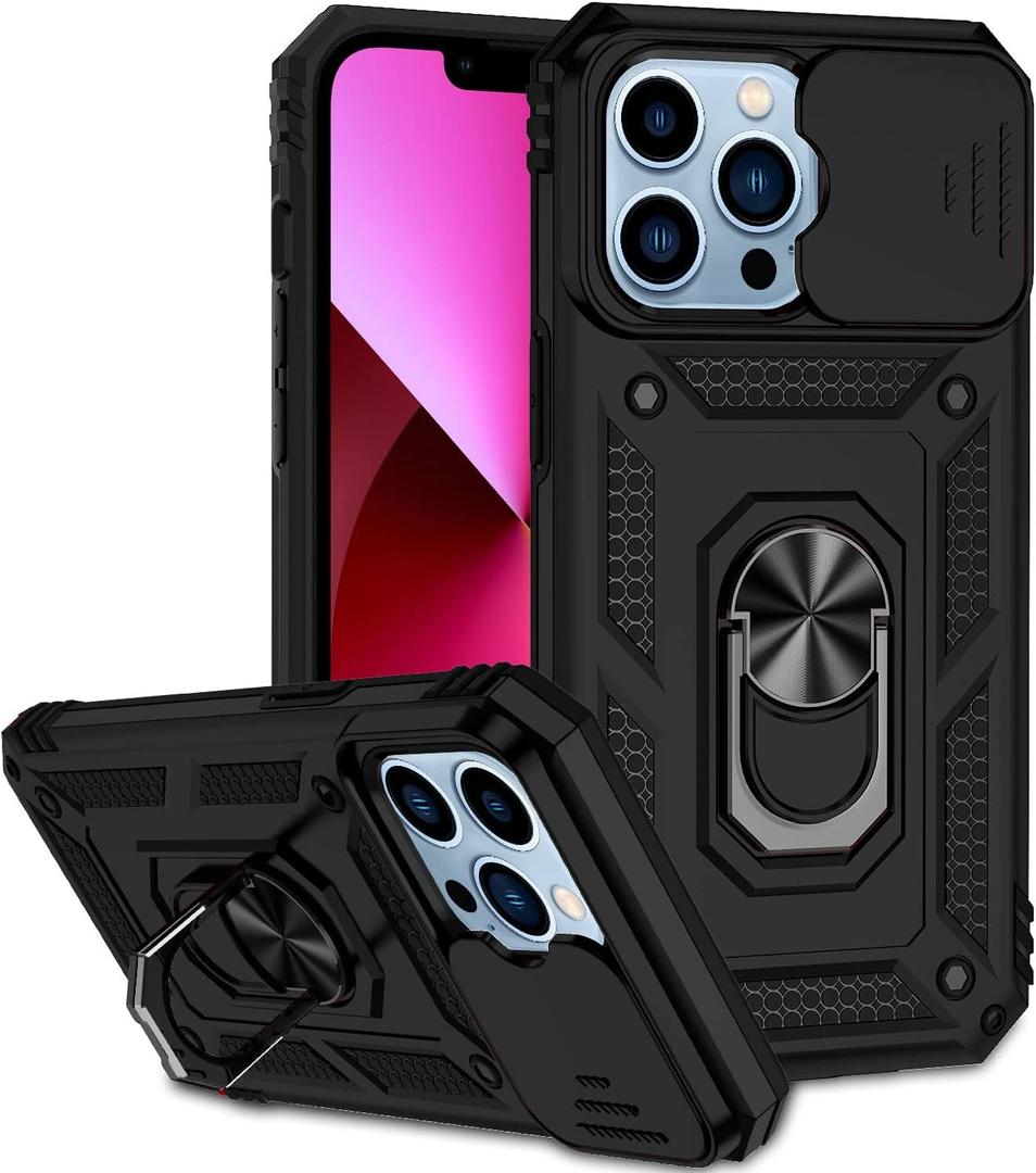 Phone Case for iPhone 13 Pro with Camera Lens Cover HD Screen Protector,Military Grade Ring Car Mount Kickstand Hybrid Hard PC Soft TPU Shockproof Protective Black