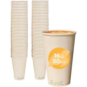 100% Compostable Disposable Coffee Cups [16oz 80 Pack] Paper Cups Made from Bamboo, Eco-Friendly, Biodegradable Premium Party Cups, Natural Unbleached by Earth's Natural Alternative