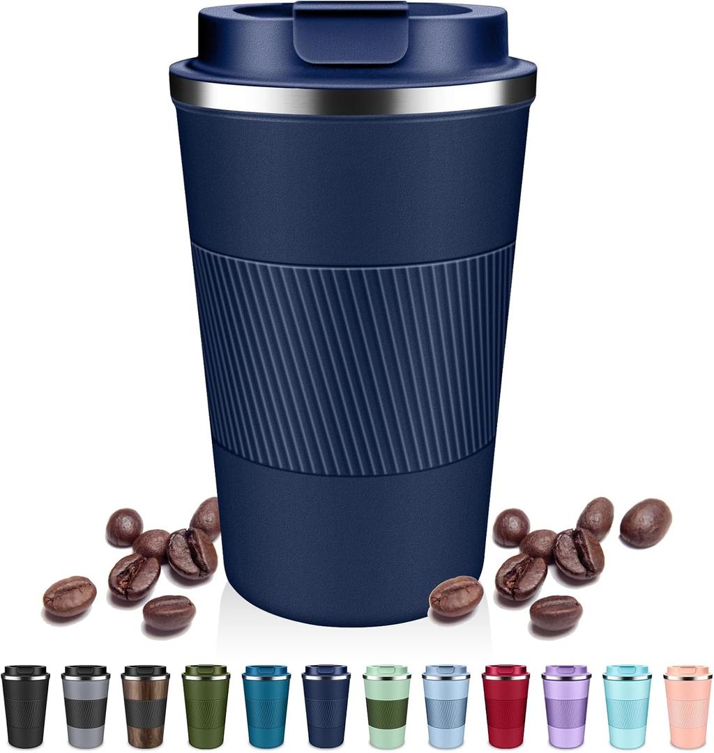 Insulated Coffee Tumblers with Flip Lid 12oz / 17oz, Stainless Steel Travel Coffee Mug Leak Proof, Vacuum Insulated Coffee Mug Reusable Cup, Keeps Cold and Hot for Coffee Tea (Navy Blue)