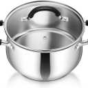 P&P CHEF Stainless Steel Stock Pot, 4 Qt Cooking Soup Pot with Visible Lid for Pasta, Tri-Ply Bottom & Dual Heatproof Handles, For Induction Gas All Stoves, Non-Toxic & Dishwasher Safe