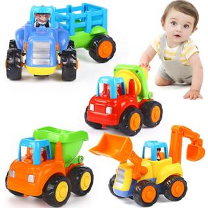 ORWINE Inertia Toy Early Educational Toddler Baby Toy Friction Powered Cars Push and Go Cars Tractor Bulldozer Dumper Cement Mixer Engineering Vehicles Toys for Children Boys Girls Kids Gift 4PCS