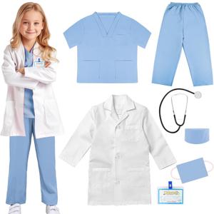 Doctor Scrubs Costume for Kids With Stethoscope Lab Coat Career Day Costume Doctor Dress Up For Boys Girls 3-12 (XL-140/7-8Y, Light Blue)