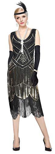 1920s Sequined Vintage Beaded Gatsby Flapper Evening Prom Roaring 20s Dress (L/US 8-10, Black Gold)