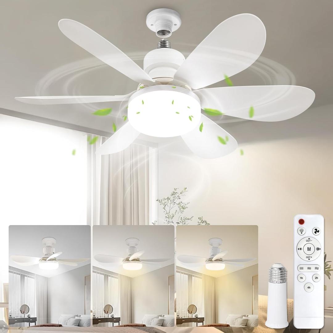 Socket Fan Light with Remote, Portable Small Ceiling Fans with Lights Bulb for Bedroom, Kitchen, Living Room, 20" Screw in Ceiling Fan in Light Socket for E26 Base 40W/3000K-6000K Dimmable
