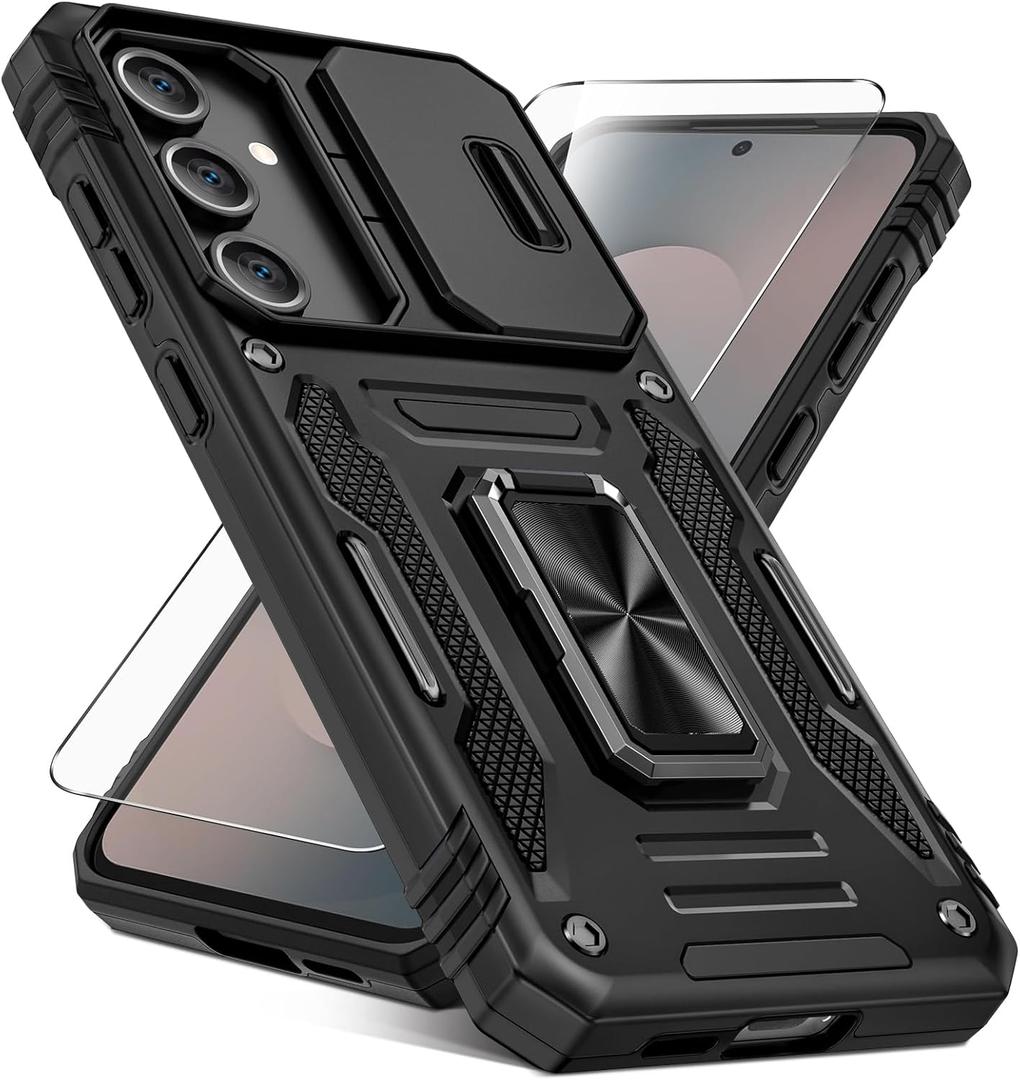 Caka for Samsung Galaxy S25 FE Case [HD Screen Protector] [Full Camera Lens Cover] [360Rotated Kickstand Ring] [Heavy Duty Protection] Hard Rugged Protective Phone Cover for S25 FE - Black