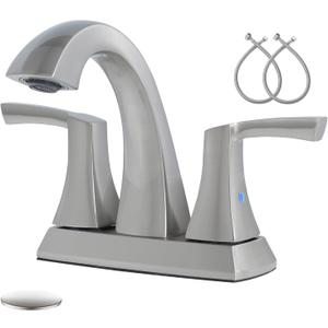 VXV Bathroom Faucet Brushed Nickel, 2 Handles Low Arc Bathroom Sink Faucets, 4 Inch Centerset Bath Lavatory Faucets with Pop-up Drain & Faucet Supply Lines (BN)