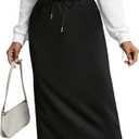 SOFIA'S CHOICE Women's Drawstring Midi Skirts High Elastic Waist Skirt (Black, S)