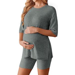 Ekouaer Women Maternity Sets 2 Piece Outfits Short Sleeve Shirts and Biker Shorts Pregnancy Loungewear Mama Clothes (Green, XL)