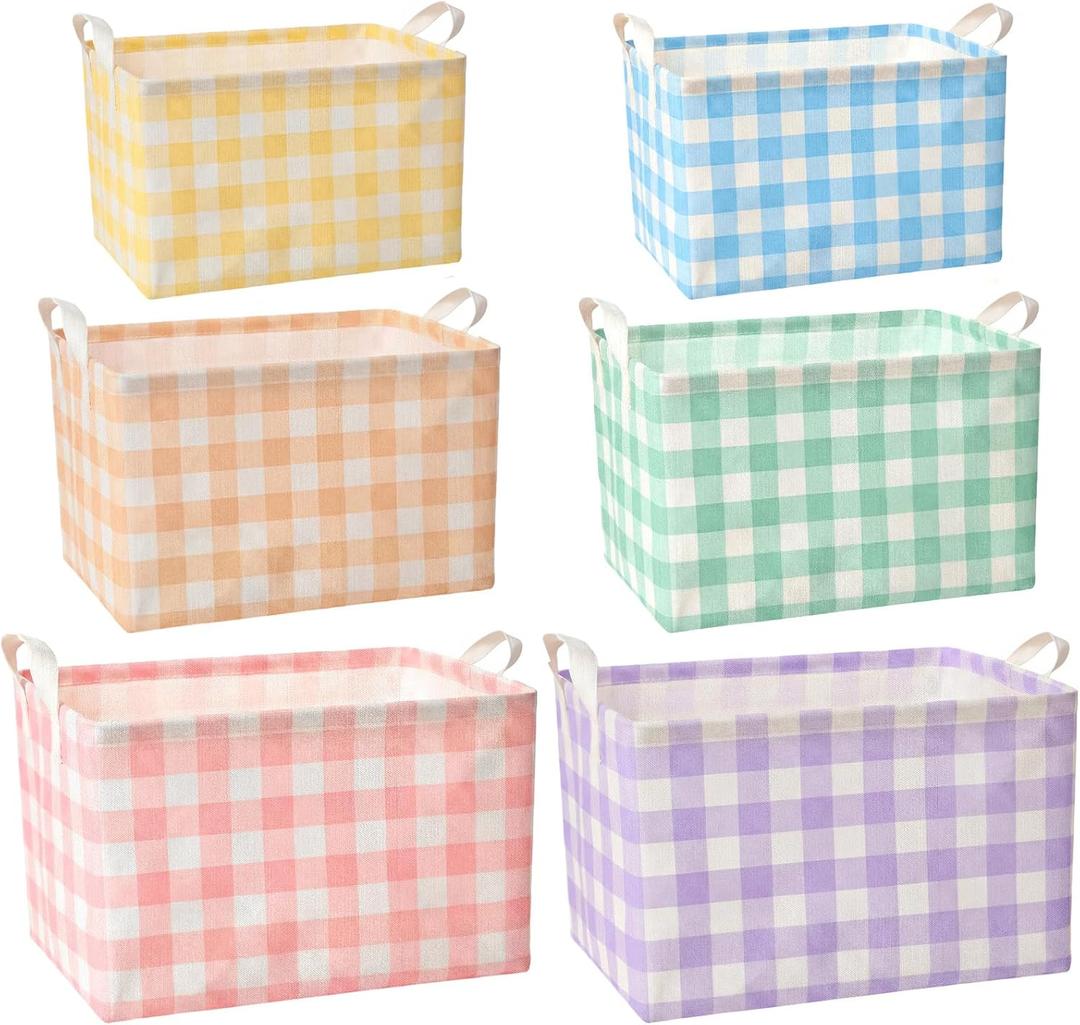 6 Pack Pastel Plaid Canvas Baskets Rectangular Storage Bins Collapsible Decorative Organizer Bins with Handles for Gift Basket, Home, Kitchen, Bedroom, Classroom, Shelves