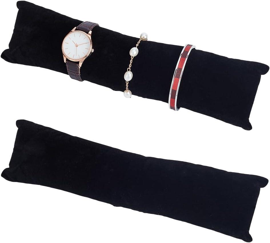 AHANDMAKER 2Pcs Long Watch Pillows, 11 x 2 Inch Black Velvet Bracelet Pillows Watch Organizer Stand Bangle Holder Cushions Jewelry Storage Holders for Show