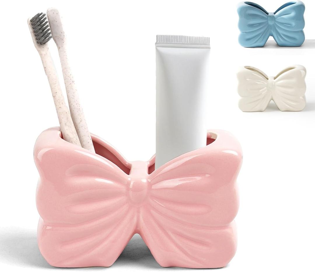 Bow Toothbrush Holder 2-Slot Toothbrush and Toothpaste Holder Cute Toothbrush Holder Set, Bathroom Counter Organizer for BathroomElectric Toothbrushes, Floss, Razors - Pink