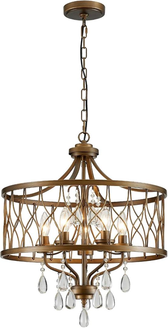 Modern Crystal Chandelier, 5-Light Farmhouse Bronze Chandelier for Dining Room Vintage Hanging Pendant Light Fixtures Round Chandelier for Kitchen Island Entryway Foyer Bedroom Office Bar, 19.6" High 19.6" Wide