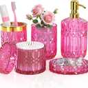 Hot-Pink Glass Bathroom Accessories Set 5 Pcs, Hot-Pink Bathroom Set, Soap Dispenser and Toothbrush Holder Set, Qtip Holder Set, Vintage Bathroom Sink Set, Cute Bathroom Decor