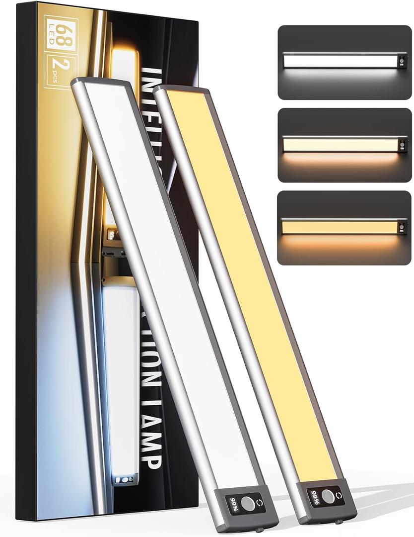 Under Cabinet Lighting with LED Numeric Display,3 Color Temps&Dimmable lights, Under counter lights for kitchen with 68 LED, Wireless Motion Sensor Light indoor, Stick-On Magnetic Closet Light(2 Pack) (10 inches, silvery)