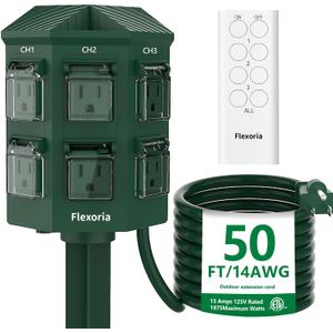 Outdoor Power Stake, 50 Feet Extension Cord Waterproof, Independently Remote Control 3 Sets of Outlets, 6 Grounded Outlets for Garden, Patio, Outdoor Decor, ETL Listed