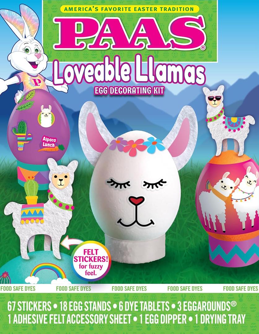 PAAS Loveable Llamas Egg Decorating Kit: Includes Felt Stickers for Fuzzy Feel, Egg Stands, Food Safe Dye Tablets, Adhesive Felt Accessory Sheet, Egg Dipper, Drying Tray - No Mess Easter Kit!