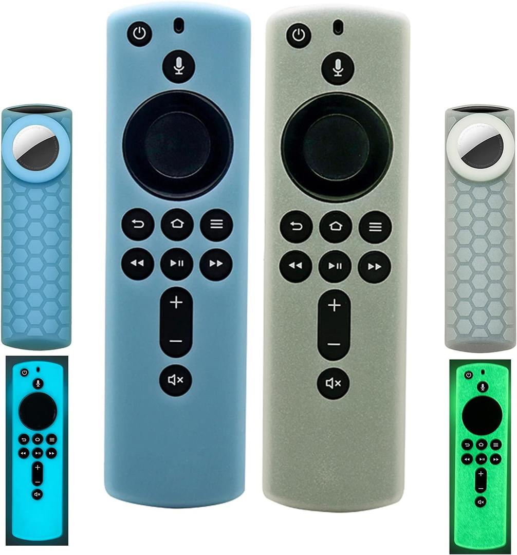 [2 Pack] Fir-Stick Remote Cover Case with tag Holder (Glow in The Dark) Compatible with Fir TV Stick 4K,Tracker Cover for Tile Sticker 2020 (Green & Sky Blue)