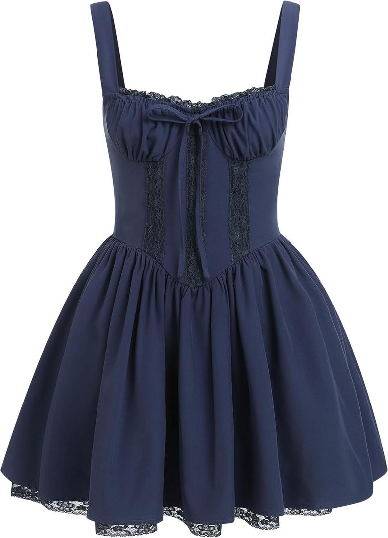 Corset Dresses for Women Spaghetti Straps Short Mini Floral Lace Bustier Dress Summer Boho Sundress (Large, Navy Blue)