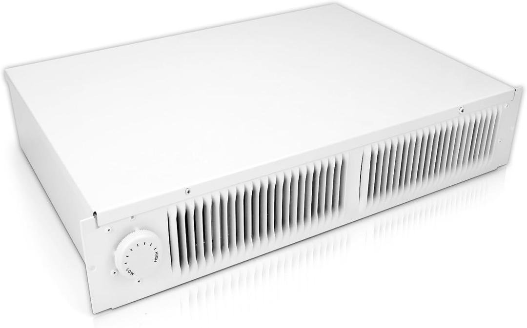 112 Electric Kickspace heater with thermostat, covers 150 sq. ft. at factory-rated voltage, suitable for kitchens, bedrooms, bathrooms, and other kick spaces. 120V/240V-1500W, white