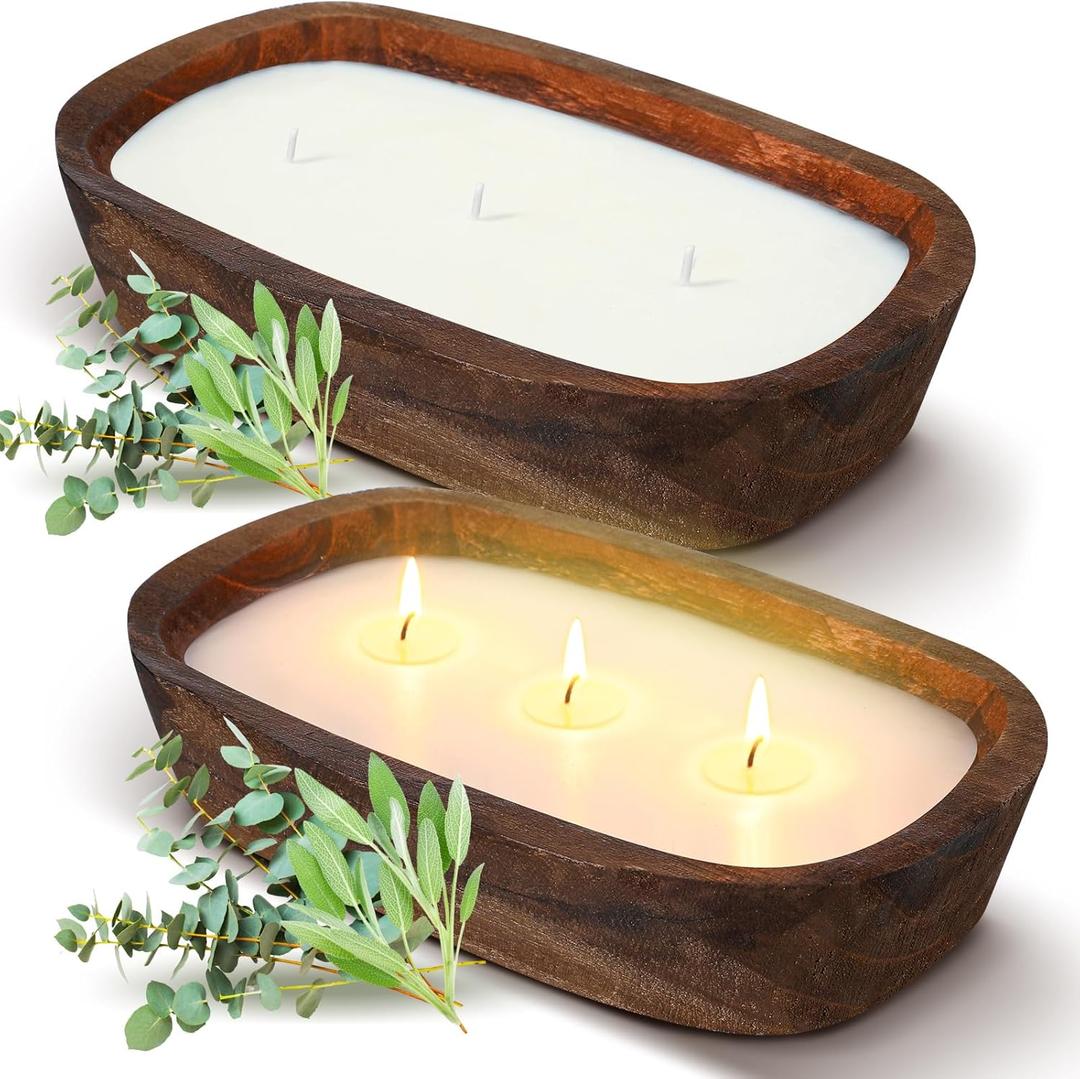 Lounsweer 2 Pack Wood Dough Bowl Candle 10inch Christmas Candle Decorative with Wick Sage and Eucalyptus Scented Candles Soy Xmas Gifts for Men Women Farmhouse Table Centerpiece Home