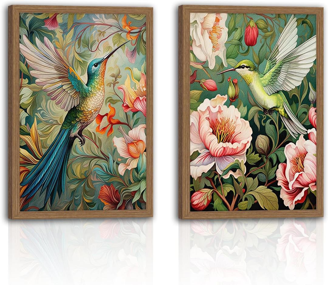 2Pcs Framed Vintage Hummingbird Wall Art, Floral Bird Wall Decor Paintings, Textured Nature Botanical Pictures Prints Aesthetic Home Decor for Living Room Bedroom Bathroom Office 16x24 inch