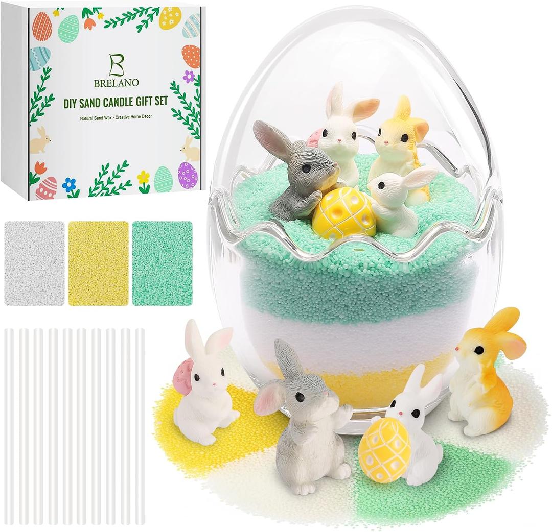 BRELANO Easter Craft Kit for Kids & Adults DIY Sand Candle Making Kit with Bunny & Egg Decor, Colored Pearled Candle Sand, Cotton Wicks & Egg-Shaped Glass Jar, Easter Gift Set & Spring Home Decor