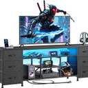 Furologee LED TV Stand for 65, 70, 80 Inch TV, 71 Inch Entertainment Center with Power Outlets, 6 Fabric Drawers Dresser for Bedroom, Media Console with Open Shelves, PU Leather Surface, Black