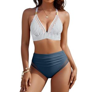 Blooming Jelly Womens High Waisted Bikinis Sets Tummy Control Swimsuits Curvy 2 Piece 2026 Bathing Suit (L, Stripe Blue)
