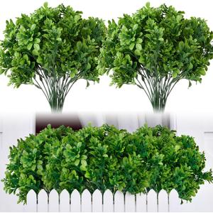Hoteam 12 Bundles 12" Artificial Boxwood Stems Faux Greenery Plants UV Resistant Plastic Shrubs Fake Plants for Outdoor Window Porch Garden Farmhouse Home Decor