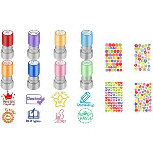 Round Teacher Stamps for Grading & Classroom Set of 8 Vibrant Color Rubber Self-Inking Teacher Stamps + 4 Bonus Colorful Stickers (Dots Hearts Flowers Stars) for Homework, Tests & Student Motivation