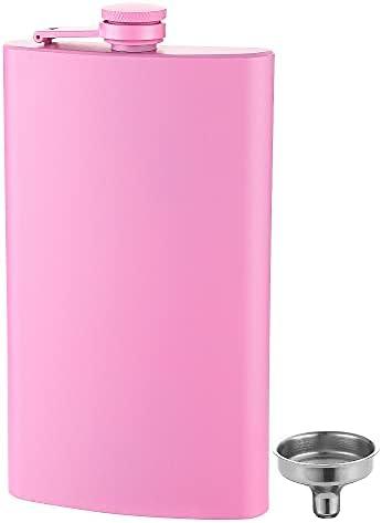 FYL 12 Oz 18/8 Stainless Steel Hip Flask for Liquor with Never-Lose Cap, Leakproof Easy Pour Funnel is Included, Matte Pink