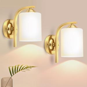 CANMEIJIA Gold Wall Light Fixtures, Wall Sconce 2 Light, Gold Wall Lamp Bathroom Vanity Lightting for Mirror Bedroom Hallway Kitchen Porch, Milky White Glass Shades, E26 Socket, Bulbs Not Included (2 pack)