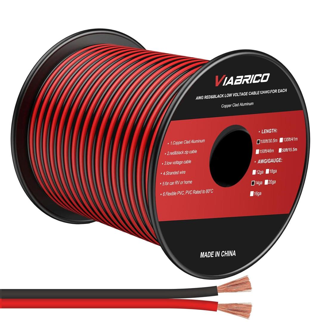 VIABRICO 14AWG 100FT Electrical Wire Cable 2 Conductors Red Black Hookup LED Lighting Strips Flexible Extension Cord 14Gauge Copper Clad Aluminum 12V/24V DC