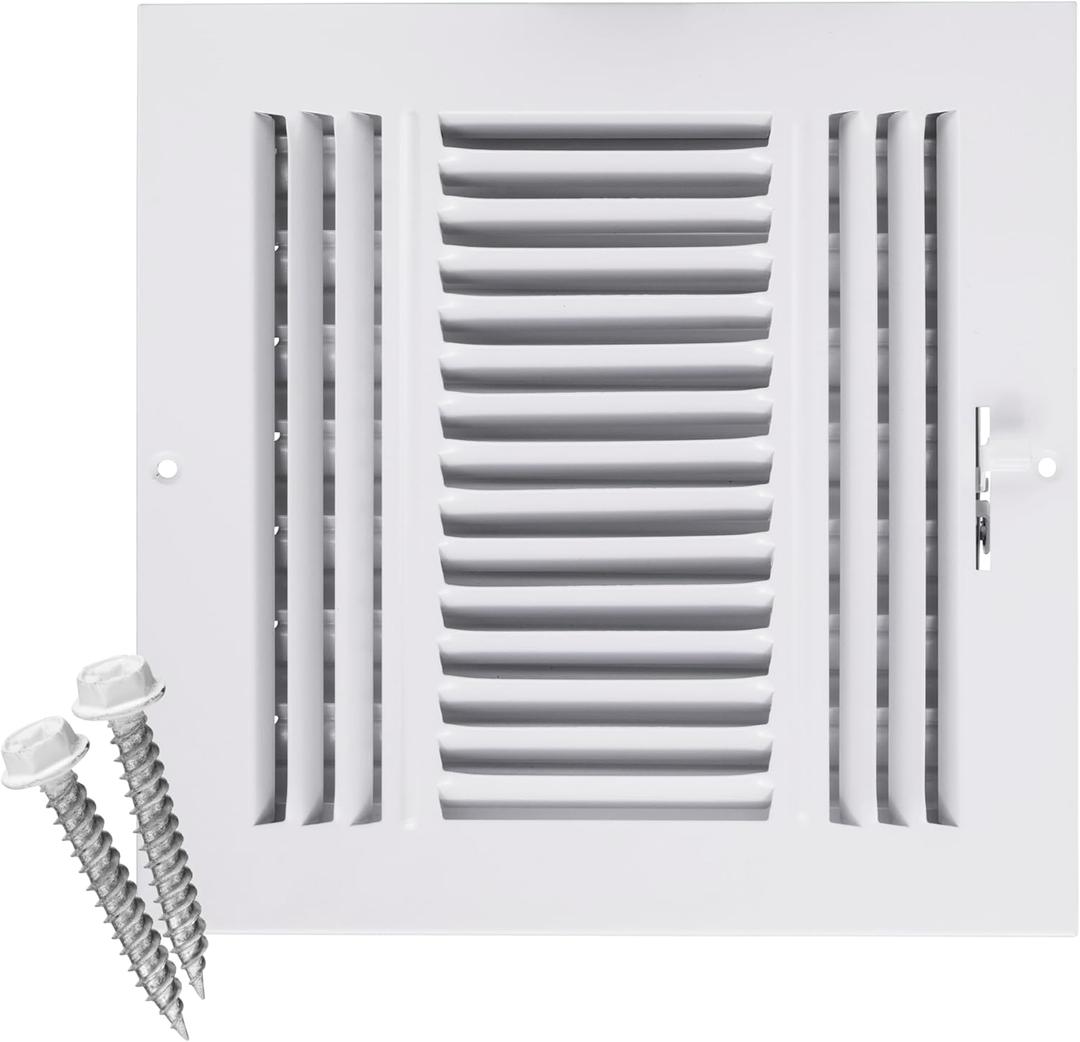HVAC Premium 8"w X 8"h 3-Way AIR Supply Grille - Vent Cover & Diffuser - Flat Stamped Face - White [Outer Dimensions: 9.75"w X 9.75"h]