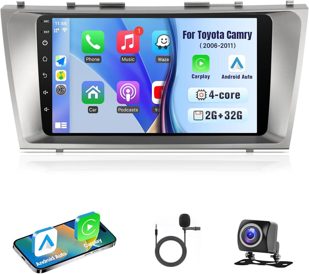 Car Radio for Toyota Camry 2006 2007 2008 2009 2010 2011, 9 inch IPS 1080P Touch Screen Car Stereo Wireless CarPlay Android Auto, 2+32GB Camry Radio with GPS WiFi HiFi SWC Backup Camera