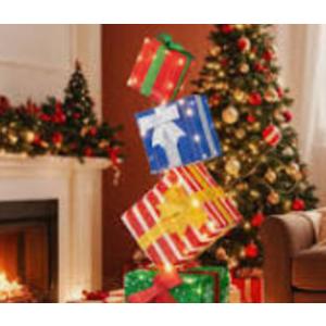 Tangkula Lighted Box Tower, Pre-Lighted Stacked Boxes with Warm White Lights, Metal Base, Ribbons and Bows, Indoor and Outdoor Lighted Gift Box Decoration (Size