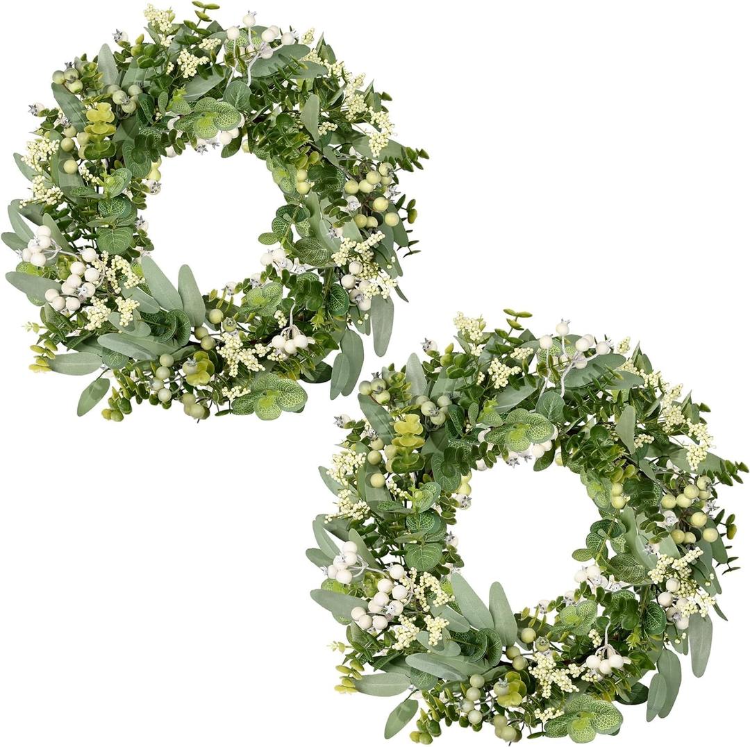 Vlorart Artificial Spring Summer Christmas Greenery Wreaths for Front Door Green Eucalyptus Leaf Wreath Decor Boxwood with Big Berries for Farmhouse Outside Year Round, 2 Pack
