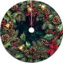 Christmas Tree Skirt 30 inch, Pinecones Bells Red Berries Holly Xmas Tree Skirt for Home Party Holiday Indoor Outdoor Decorations