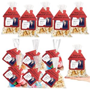 Hoolerry 100 Set Open House Popcorn Bag with Tag Real Estate Agent Thanks Tag Business Card House Shaped Paper Gift Popcorn Candy Biscuits Bag for Estate Agent Favors Supplies(Red Color)