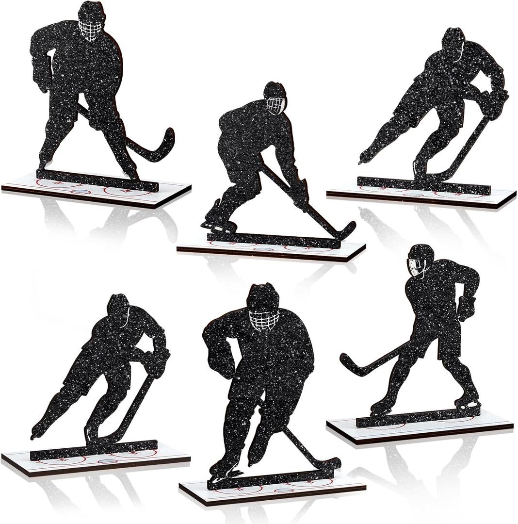 6 Pcs Hockey Party Table Decoration Wooden Sports Table Sign Glitter Ice Hockey Players Silhouette Centerpieces Ice Puck Tiered Tray Decor for Fans Club Sport Birthday Tailgate Party Supplies