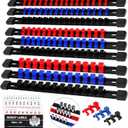 Socket Organizer Holder Tool Box: 9-Piece Socket Holders 1/4 X 48 Clips 3/8 X 45 Clips 1/2 X 36 Clips Socket Rail Heavy Duty Holder w Socket Labels Socket Organizer for Tool Box Drawer(Red&Blue&Black)