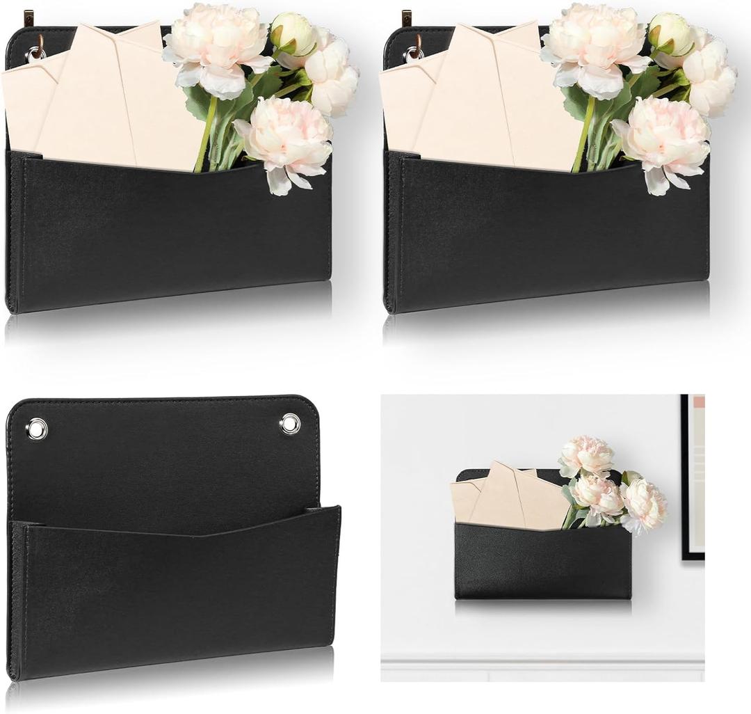 3 PCS Wall Mount PU Leather Mail Holder Black Faux Leather Letter Holder 2 Ring Wall Mail Organizer Stylish Wall Hanging Mail Storage for Flowers Envelope Key Notebooks Home Office Decor