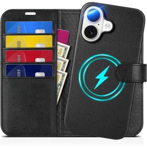 TUCCH Wallet Case for iPhone 16, [Detachable] [RFID Blocking] [4 Card Slots] Wireless Charging Protective Case, Magnetic PU Leather Stand Removable Folio Compatible with iPhone 16, Full Textured Black