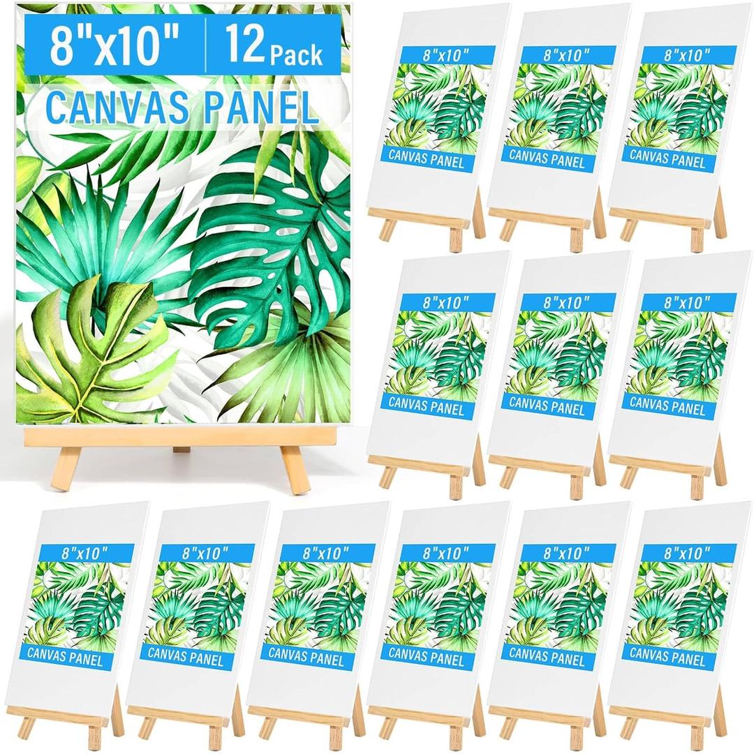 Canvas Painting Party Kit for Adults and Kids, 24Pack 8 x 10 Inch Canvas Boards and Wooden Easels Stands for Group Painting Sip and Paint Night