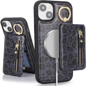 for iPhone 15 Phone case with Card Holder with Compatible magsafe Magnetic, Key Chain PU Leather Flip Kickstand Detachable 2-in-1 Wallet case for Apple15 Women Men-Black Leopard