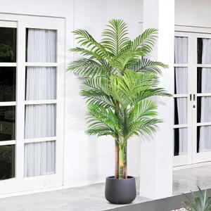6ft Tall Triple Golden Cane Palm Artificial Tree Large Tropical Palm Tree UV Resistant Fake Plant in Pot for Indoor Outdoor Big House Living Room Outside Patio Office Home Decor 1Pack