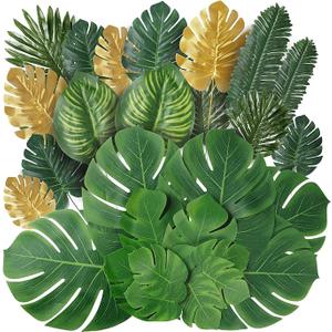 8 Kinds Artificial Tropical Palm Leaves Tropical Leaves Monstera Leaves Safari Jungle Leaf with Stems for Hawaiian Luau Party Beach Table Wedding Shower Birthday Theme Decorations