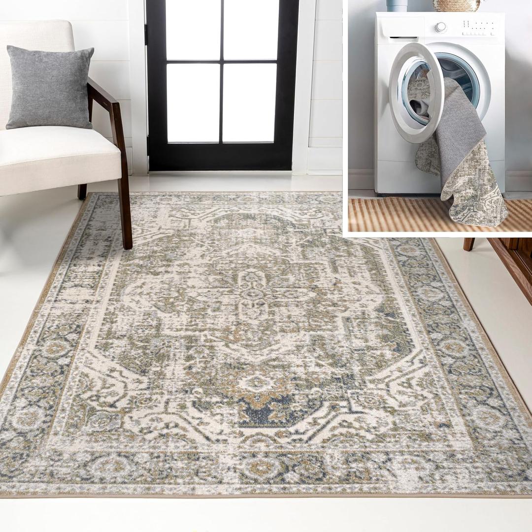 JONATHAN Y Machine Washable Green/Cream Indoor Area Rug 4X6 ft, Keesha Bold Distressed Medallion Low-Pile for Living Room, Bedroom, Kitchen, Office, Easy-Cleaning, Pet-Friendly Non-Shedding WSH316C-4