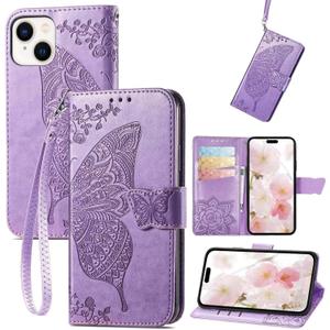 for iPhone 15 Case Wallet for Women,Flip Folio Cover with Butterfly Embossed PU Leather Stand Card Holder Slots Protective Phone Case 6.1 Inch (Lavender)