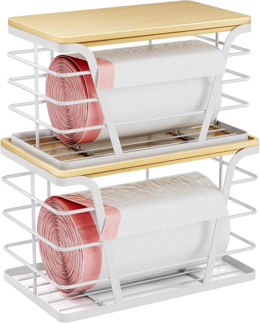 2 Pack Stackable Storage Pantry Organizers and Storage, Wall Mount Trash Bag Holder with Bamboo Top and Garbage Bag Dispenser No Drill, White (Large&Small)